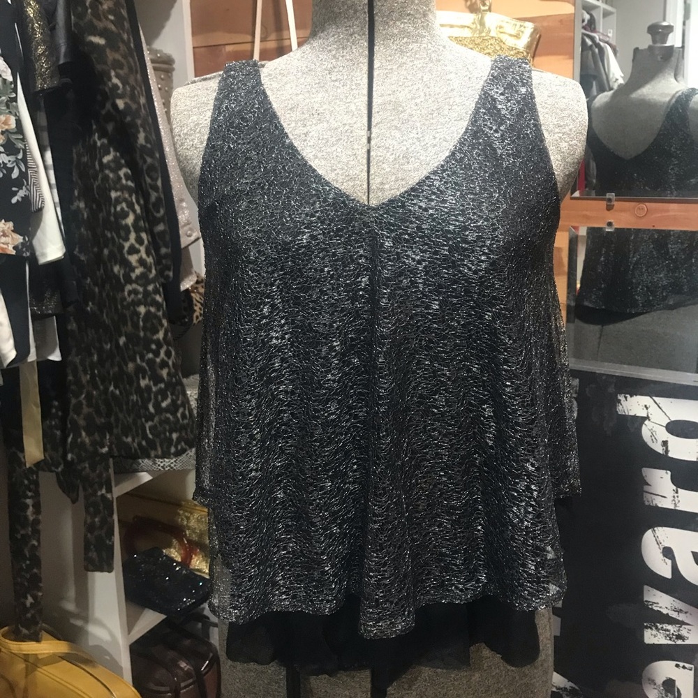 Black Silver Mesh Layered Express Tank NWOT XS - Picture 1 of 6